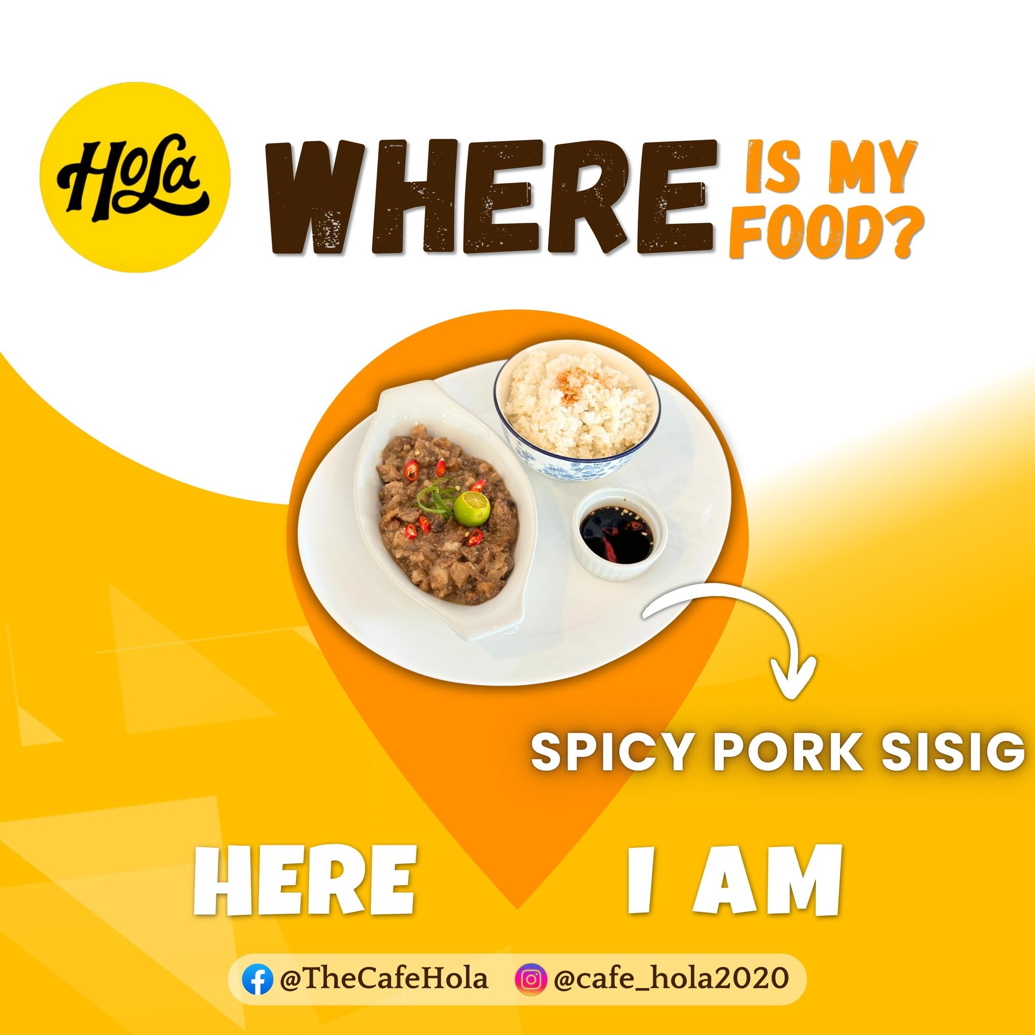 Hola Spicy Pork Sisig — chopped sizzling pork sisig with chili and calamansi, served with a bowl of garlic rice and dipping sauce